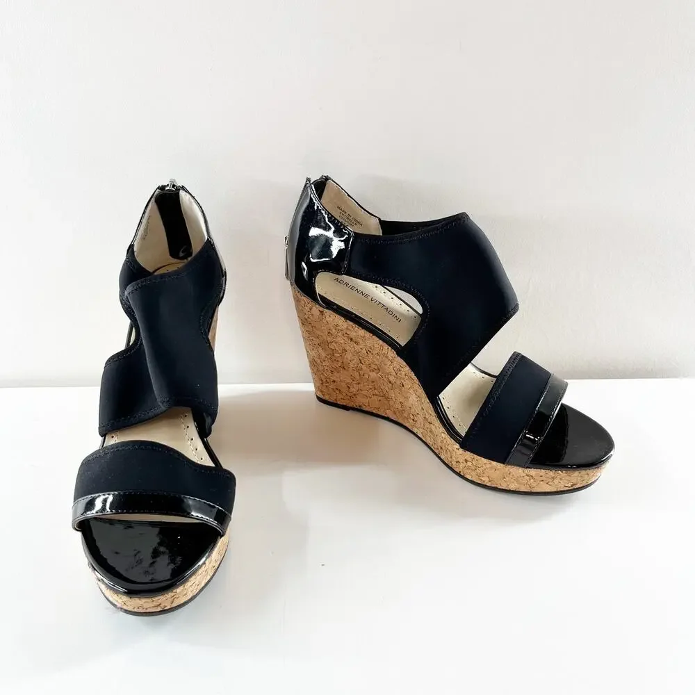 Adrienne Vittadini Chelle Patent Cork Wedge Heel Sandals Black 8